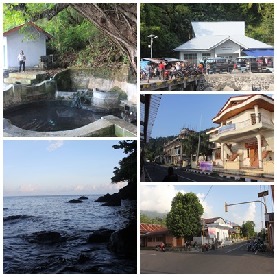 suasana ondong sebagai ibukota kep sitaro, kecil, sepi, namun bersih. Gambar sebelah kiri adalah pemandian air panas yang sudah tidak terawat, uniknya air panas ini berada di tepi pantai